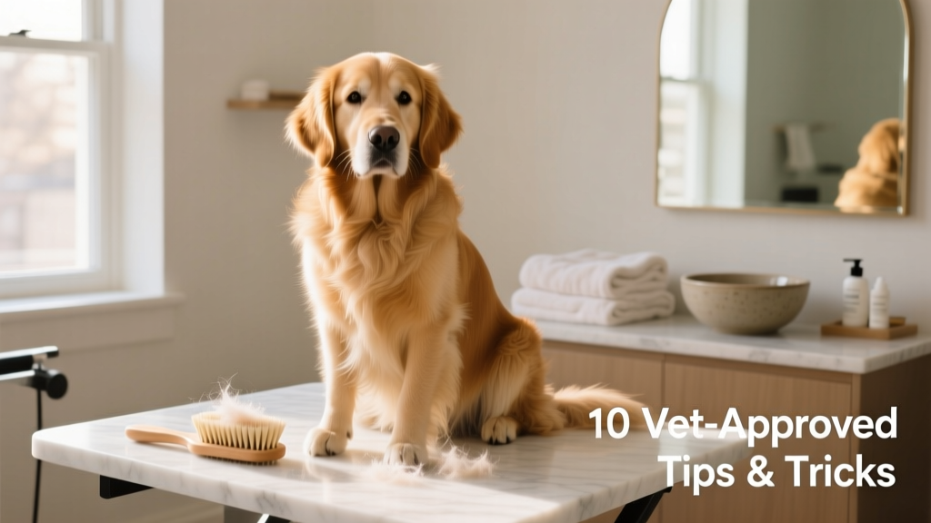 Golden Retriever sitting calmly on a grooming table with a soft brush nearby