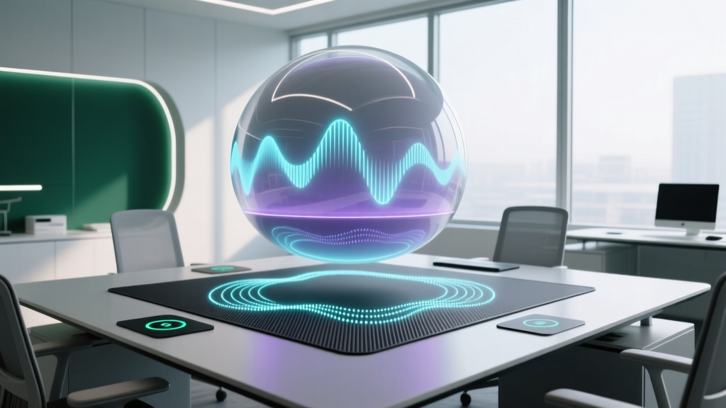 Futuristic 2026 workspace showing a localized acoustic dampening dome and a smart desk mat with integrated haptic feedback.