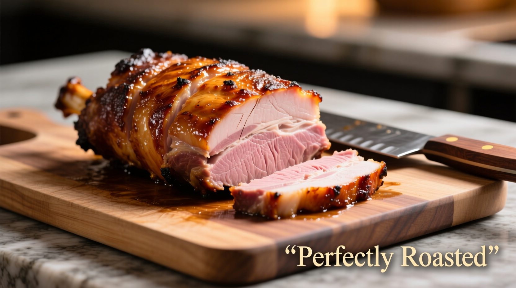 Perfectly roasted pork loin with golden crust on cutting board
