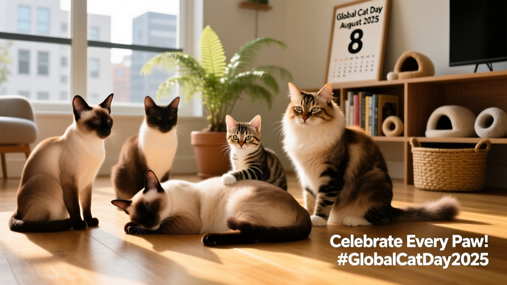 A group of diverse, healthy cats lounging together in natural light