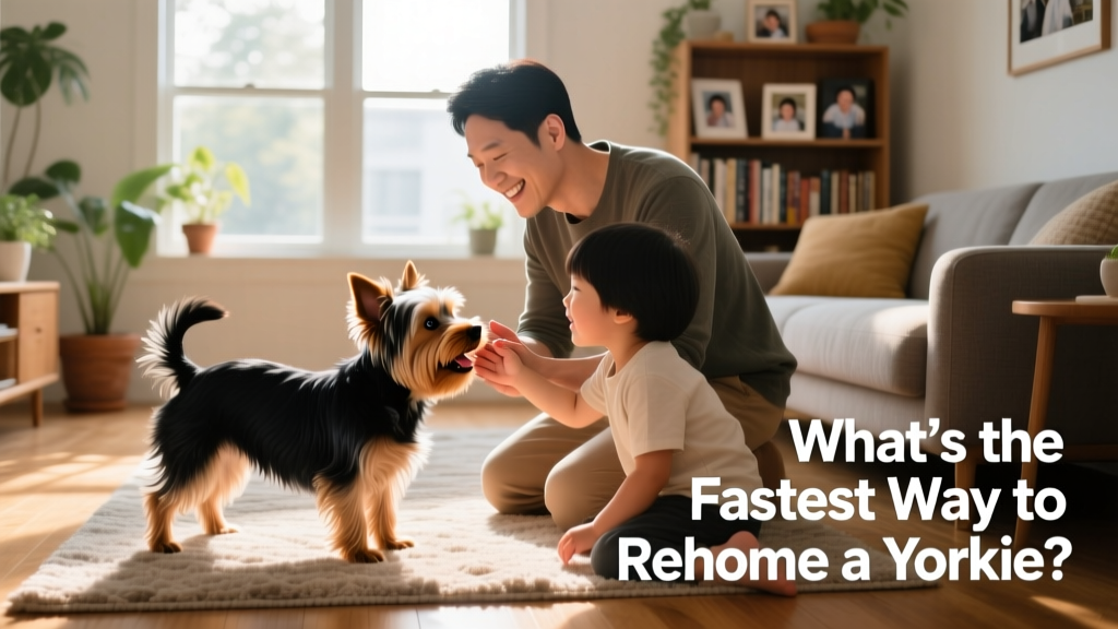 A friendly Yorkie enjoying time with a new family in a sunlit living room