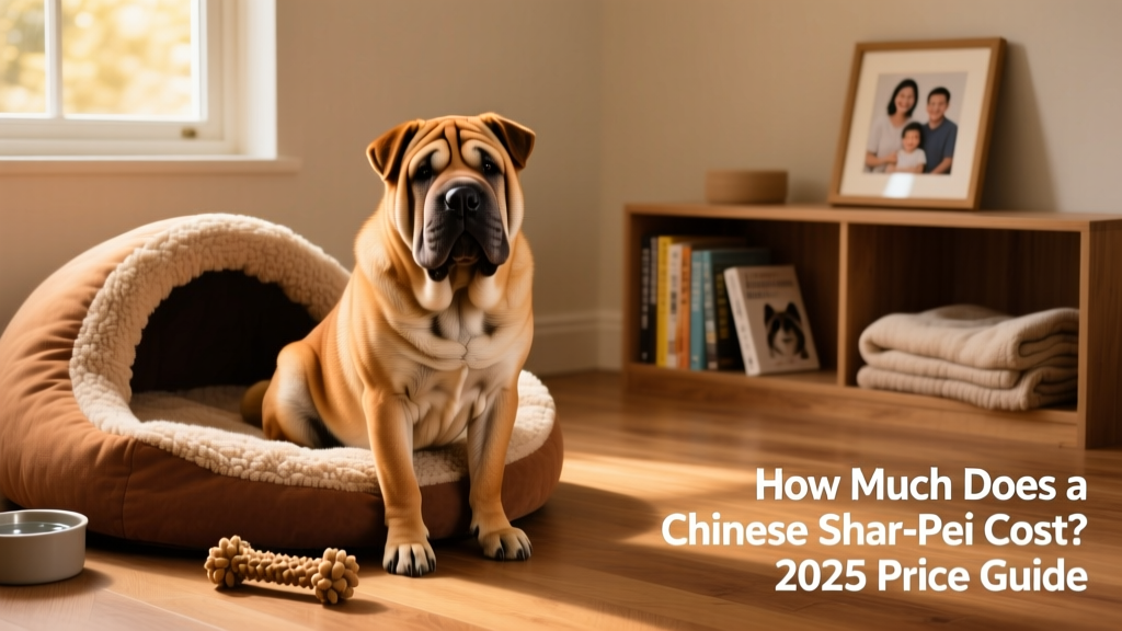 A calm, alert Chinese Shar-Pei sitting beside a cozy indoor setup with a soft bed and chew toy