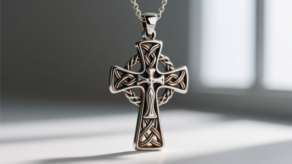 Macro shot of oxidized sterling silver St Brigid cross pendant highlighting intricate woven metal texture and darkened recesses