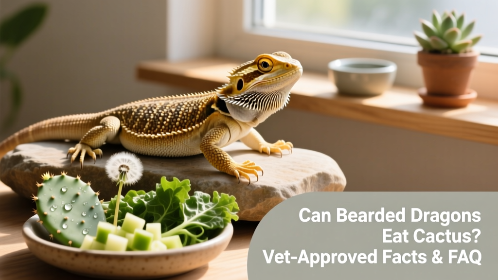 Healthy adult bearded dragon basking near a shallow dish containing diced cactus and leafy greens