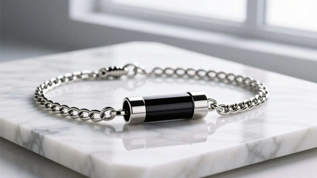 A durable 316L stainless steel box chain with a secure lobster clasp holding a heavy scripture tube pendant, photographed on a marble slab