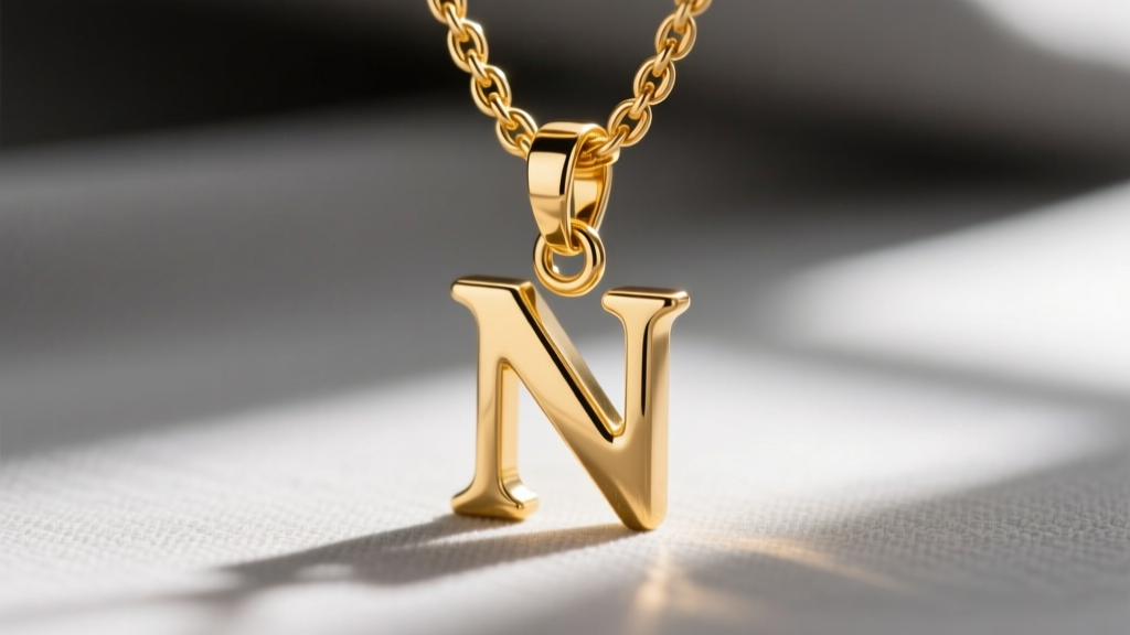Macro shot of a soldered fixed bail on a gold letter N pendant attached to a 20-gauge wheat chain, highlighting the jump ring