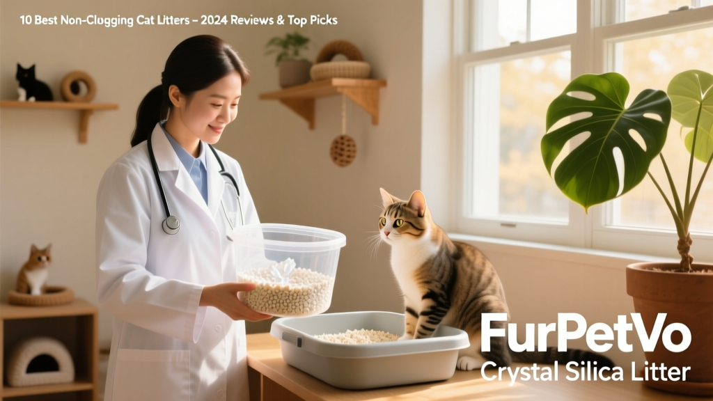 Veterinarian holding a sample of FurPetVo Crystal Silica Litter beside a happy cat