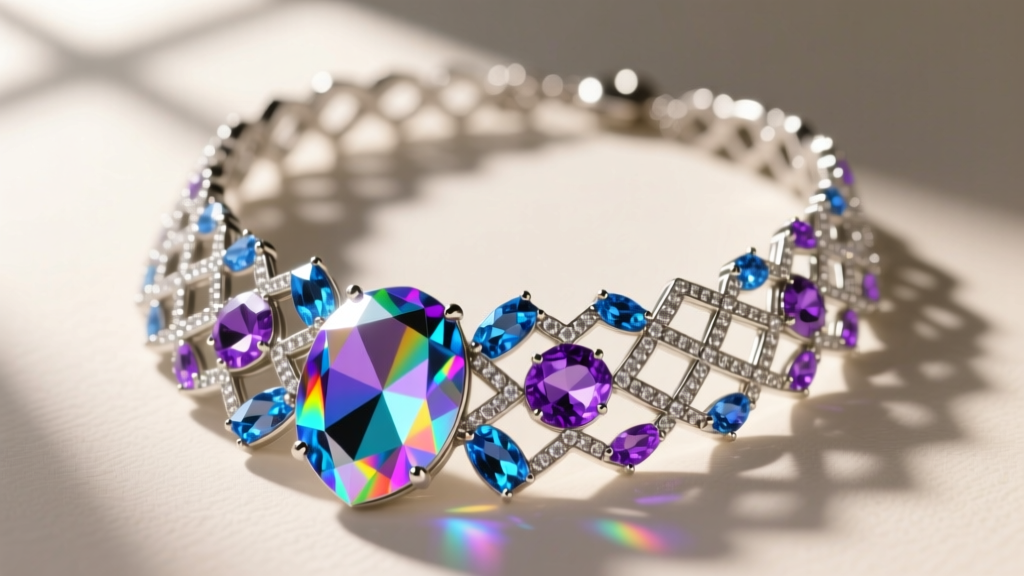 Macro shot of a vintage 1980s crystal collar necklace with Aurora Borealis rhinestones catching a sharp prism light flare.