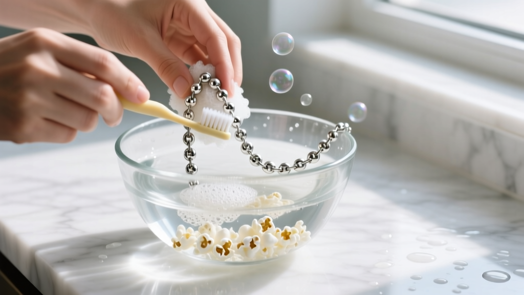 Hands gently scrubbing a sterling silver popcorn chain with a soft baby toothbrush in a glass bowl of soapy distilled water.