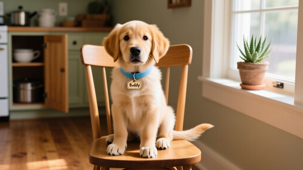A cheerful puppy sitting calmly on a chair, wearing a lightweight collar