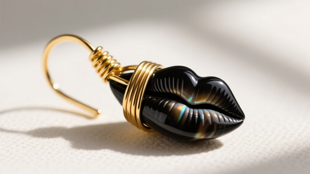 Macro shot of 18-gauge solid 14k gold ear wire attached to a carved black lip shell pendant, highlighting secure wire wrapping.