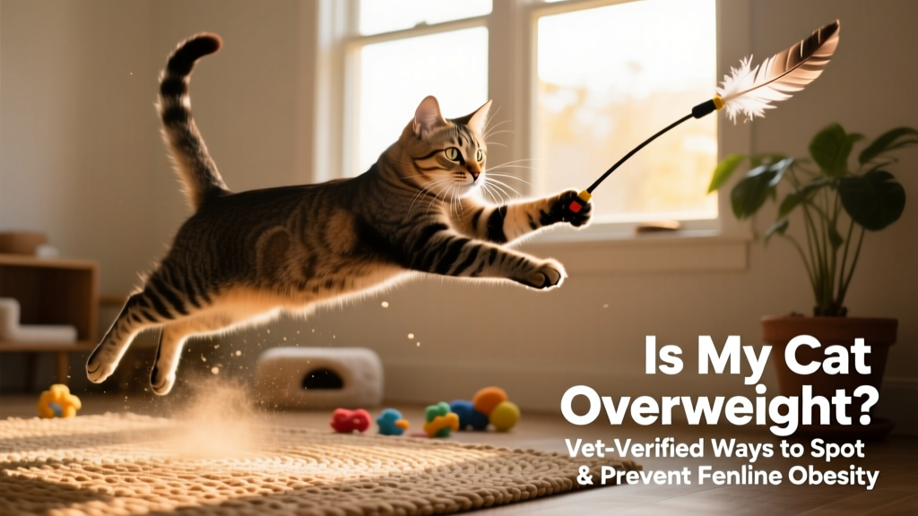 Cat actively playing with a feather wand toy, mid-leap, demonstrating engaged, calorie-burning movement