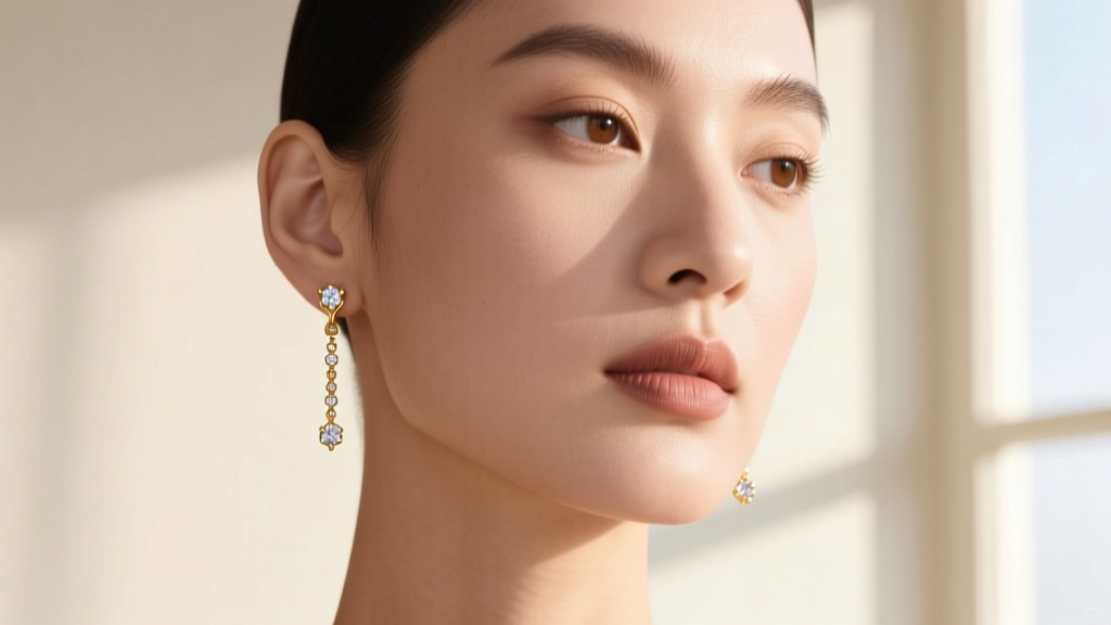 Elegant 14k gold threader earrings with small diamonds dangling from the earlobes of a model against a soft cream background