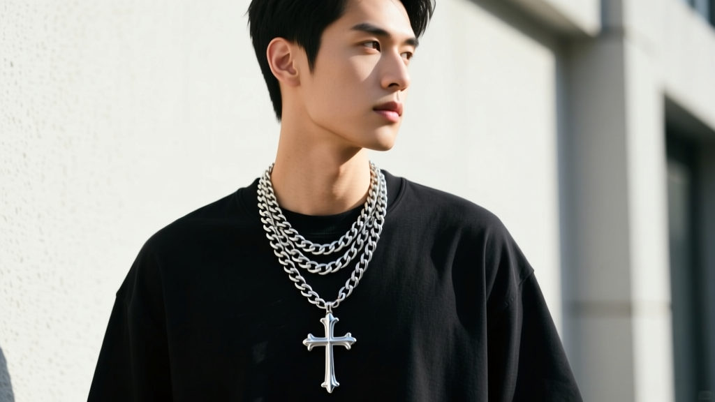 A young man wearing a layered 925 sterling silver chunky cross chain necklace over a plain black streetwear t-shirt in daylight