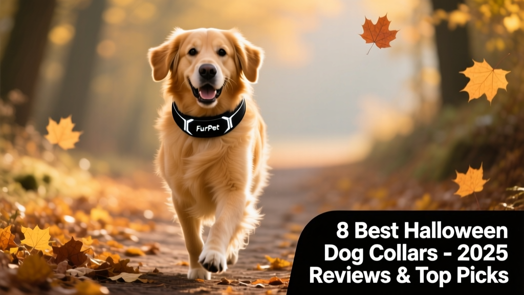 A golden retriever happily trotting down a leaf-strewn path wearing the FurPetVo Midnight Phantom Collar