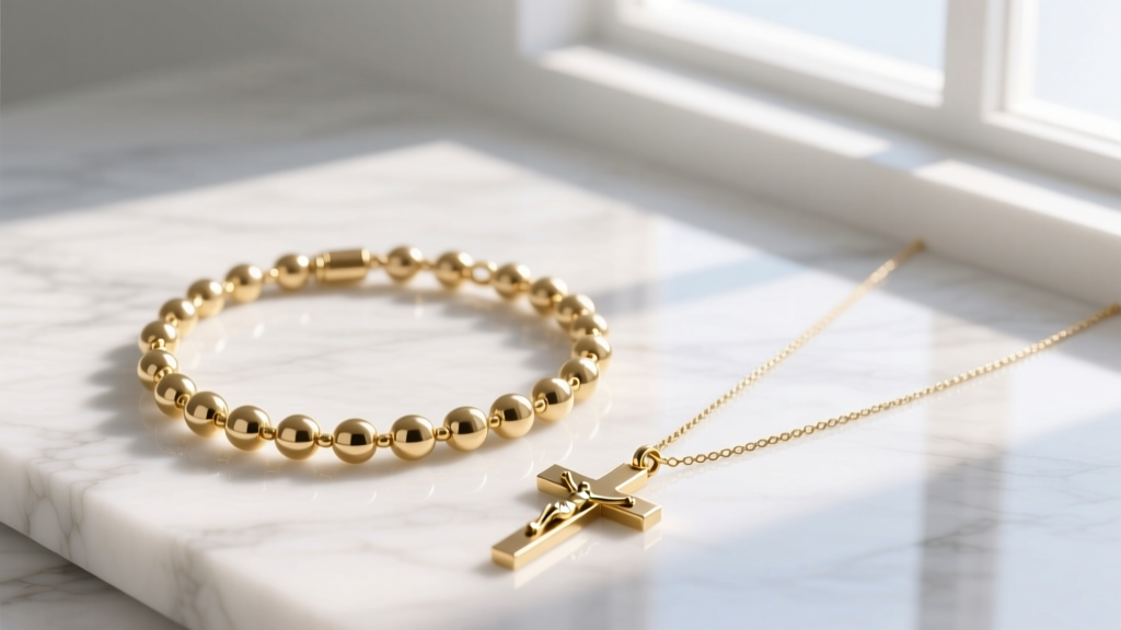 Minimalist gold single-decade rosary bracelet on white marble next to a delicate crucifix pendant necklace, bright daylight.