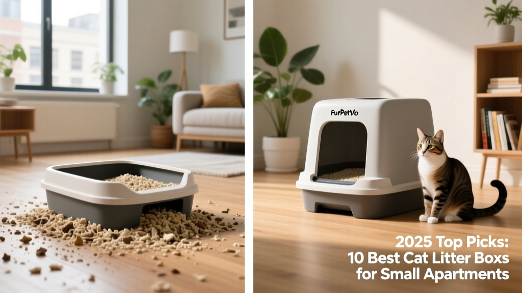 Side-by-side comparison showing litter scatter containment: one pan with low sides (excessive litter outside), another with FurPetVo’s high-sided design (litter fully contained)