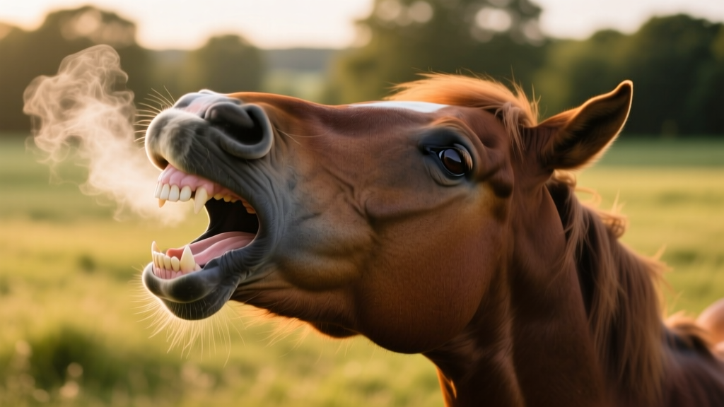 Close-up of a horse lifting its upper lip in the Flehmen response, nostrils flared and eyes slightly rolled