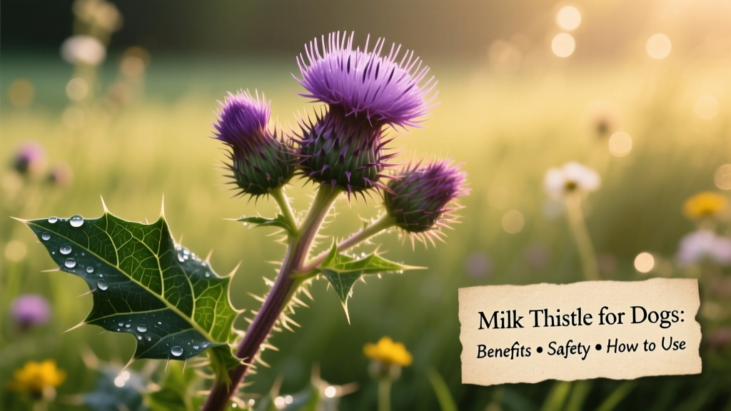 Close-up of milk thistle plant with spiky purple flowers and glossy green leaves