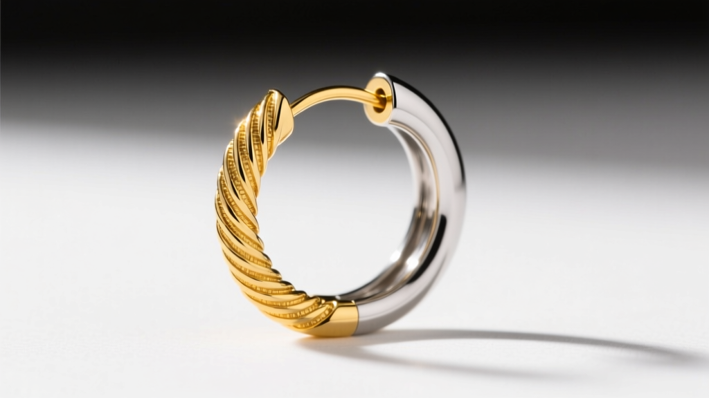 Side profile of a 14k yellow gold earring wire and a 316L stainless steel hoop clasp, highlighting the distinct metal colors.