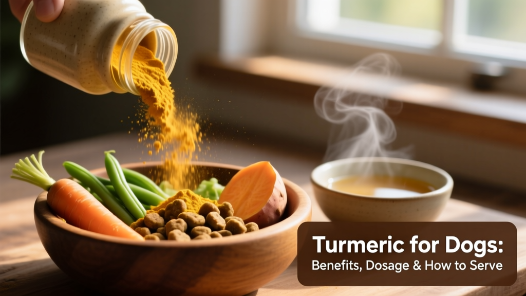 Golden turmeric powder being sprinkled over a bowl of kibble and fresh vegetables for a dog