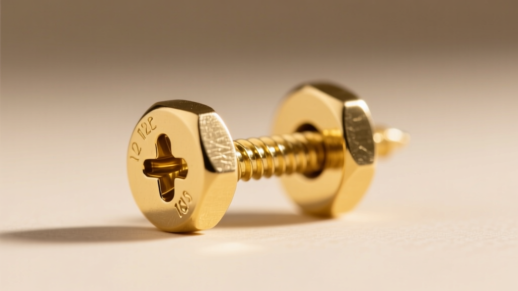 Close-up of a screw-back earring in 18k gold, showing the threaded post and locking nut against a blurred neutral background.