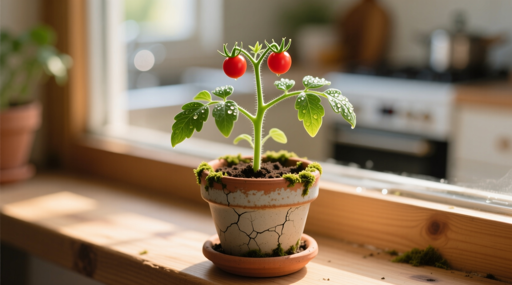 Micro Tom tomato plant growing in small container
