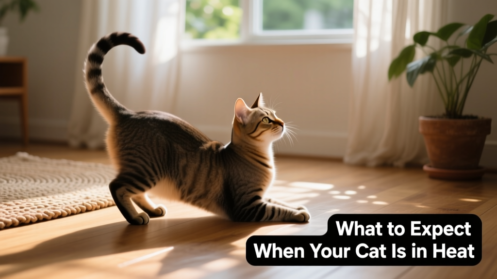 Side profile of a female cat in lordosis position: front legs bent, back arched upward, tail gently shifted to the side—demonstrating classic heat posture