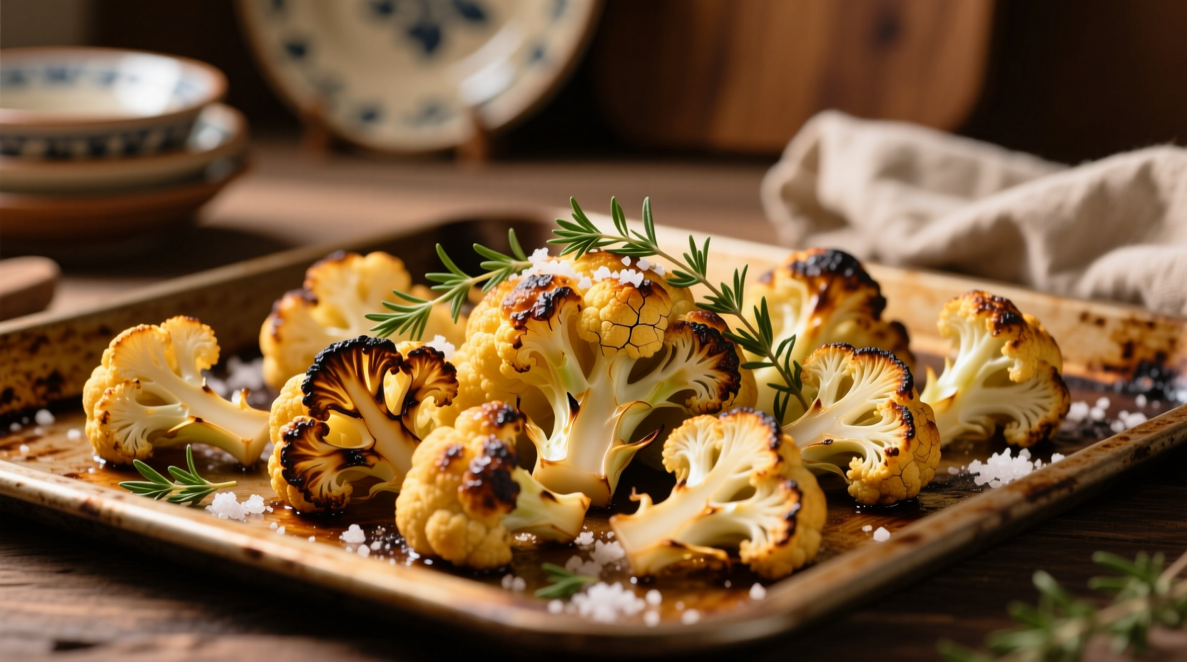 Golden roasted cauliflower florets on baking sheet