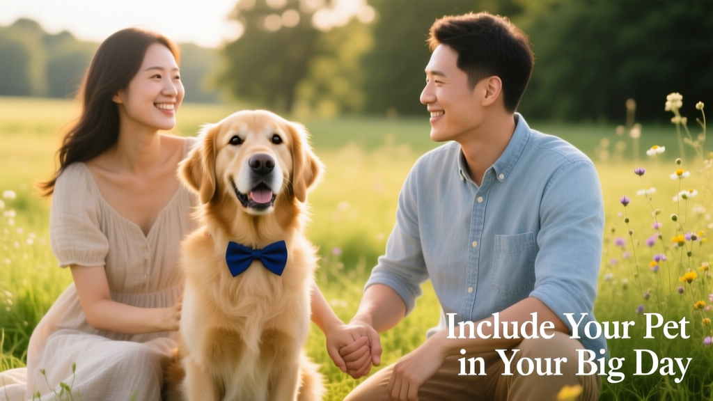 A joyful dog wearing a small bowtie, sitting beside a couple holding hands during an outdoor engagement photo shoot