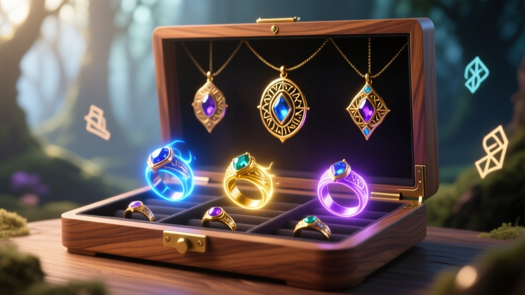 Fantasy game interface showing glowing magical rings and amulets stored neatly inside a digital wooden jewelry organizer