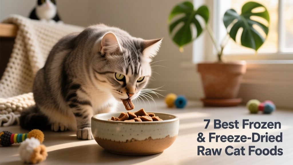 Senior cat eating FurPetVo Gentle Freeze-Dried Bites from a shallow ceramic bowl