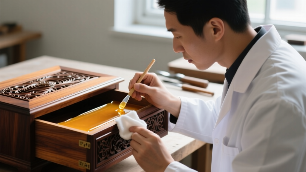 Conservator applying a thin layer of microcrystalline wax to a wooden jewelry drawer using a soft, lint-free cotton cloth.