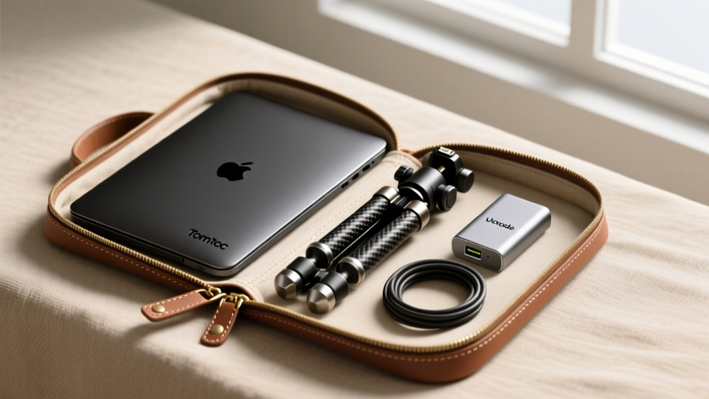 Backpack flatlay with Tomtoc laptop sleeve, folded carbon fiber stand, and Ugreen Nexode charger neatly packed inside a canvas tech pouch