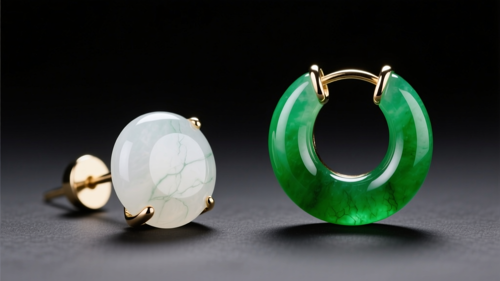 Side-by-side comparison of milky white nephrite stud and vivid emerald-green imperial jadeite huggie under gemological lighting