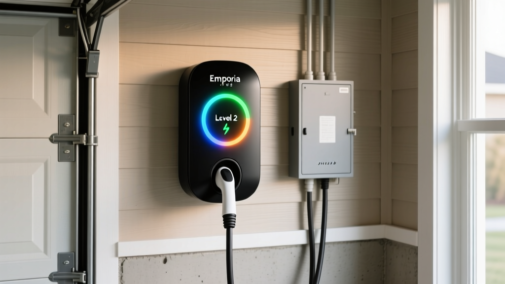 Emporia Level 2 EV charger mounted on a residential garage wall next to the main electrical panel showing the LED status ring