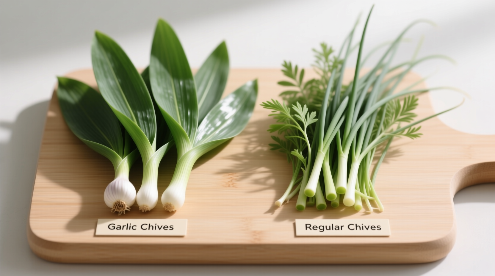 Side-by-side comparison of garlic chives and regular chives