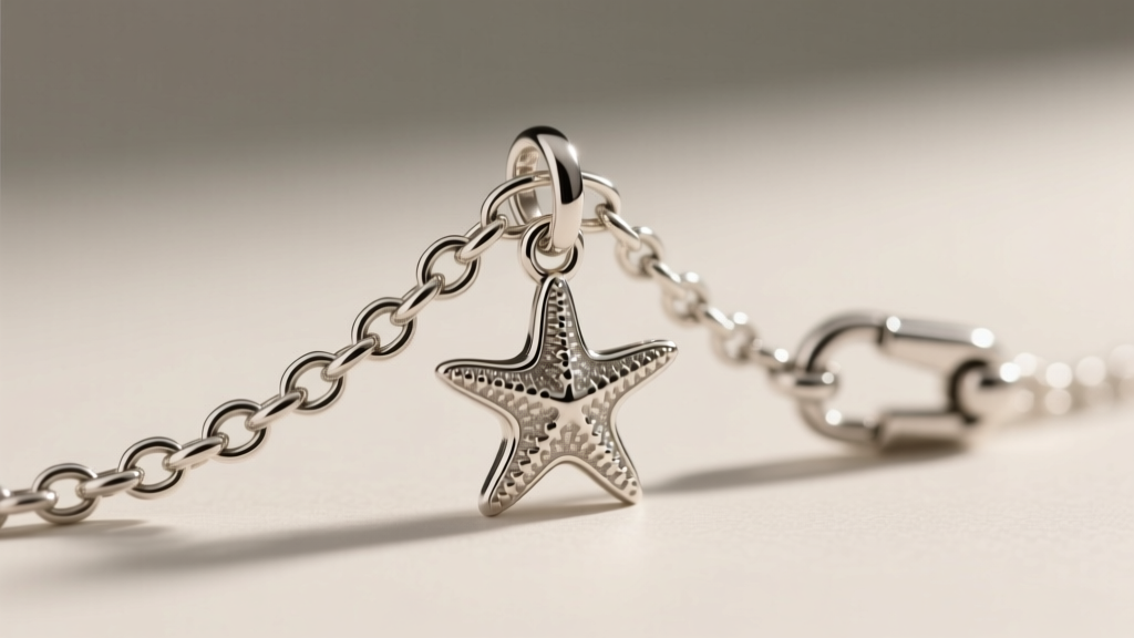 Close-up of a sterling box chain connected to a starfish bail, showing the soldered jump ring and secure lobster clasp mechanism.