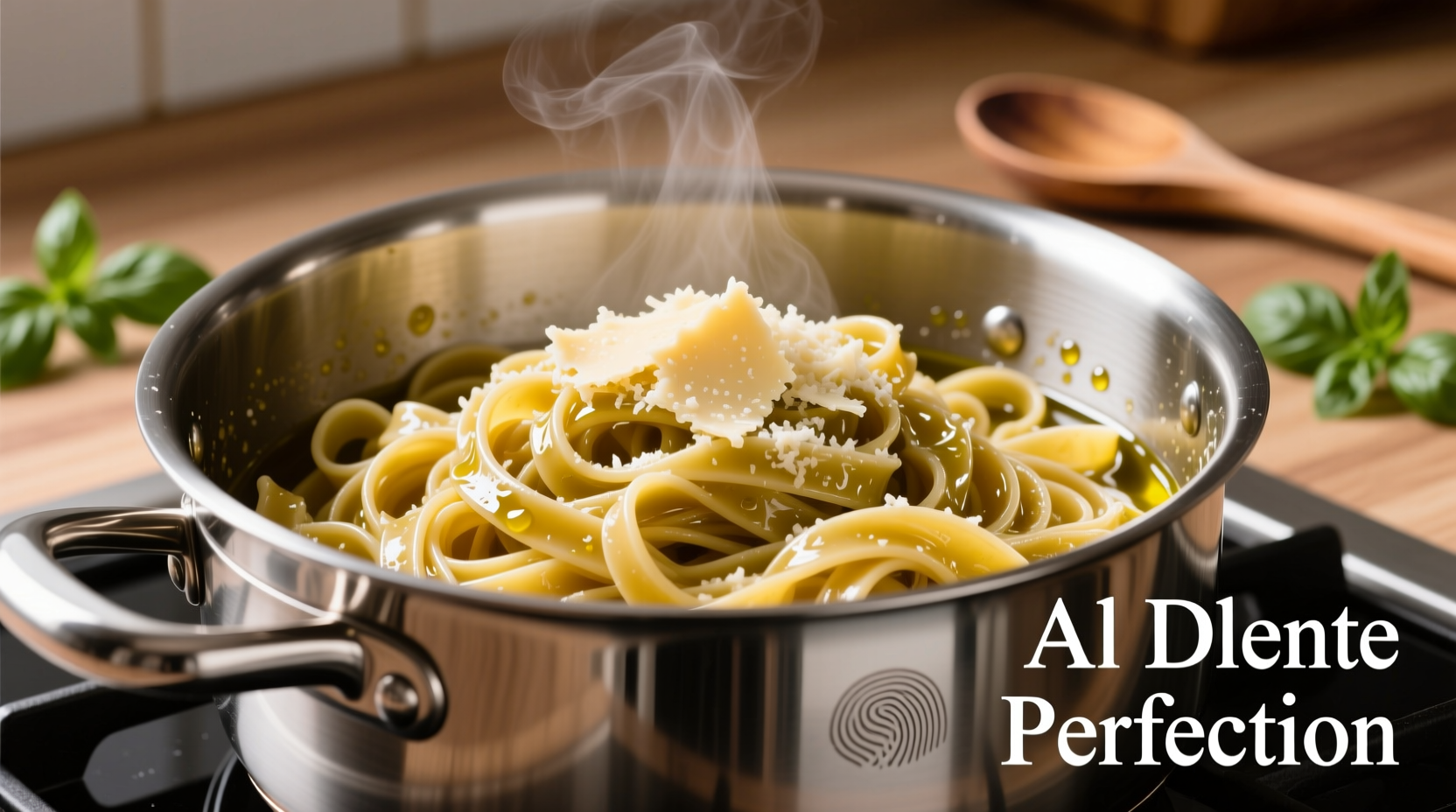 Perfectly cooked fettuccine in a stainless steel pot
