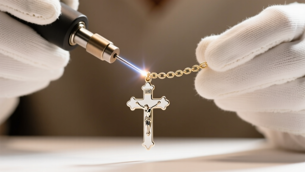 Jeweler using a laser welder to solder a tiny jump ring on a white gold rosary crucifix attachment, captured in sharp macro focus