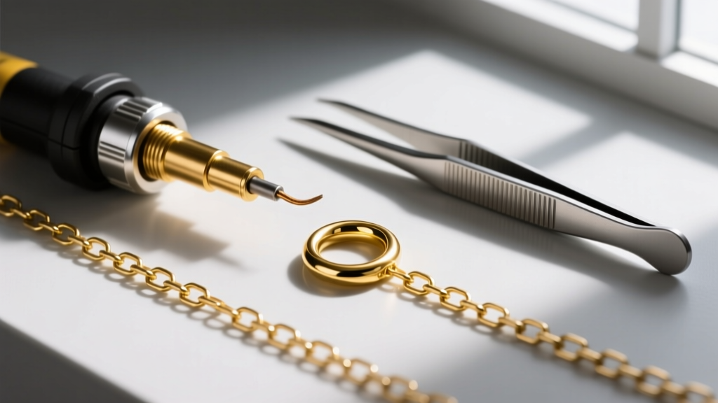 Top-down view of pulse arc welder electrode, titanium tweezers, and a 3mm gold jump ring positioned over a delicate chain link.