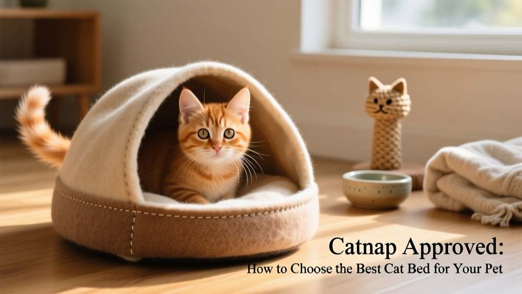 A curious kitten peeking out from a felt-covered cat cave bed with removable hood
