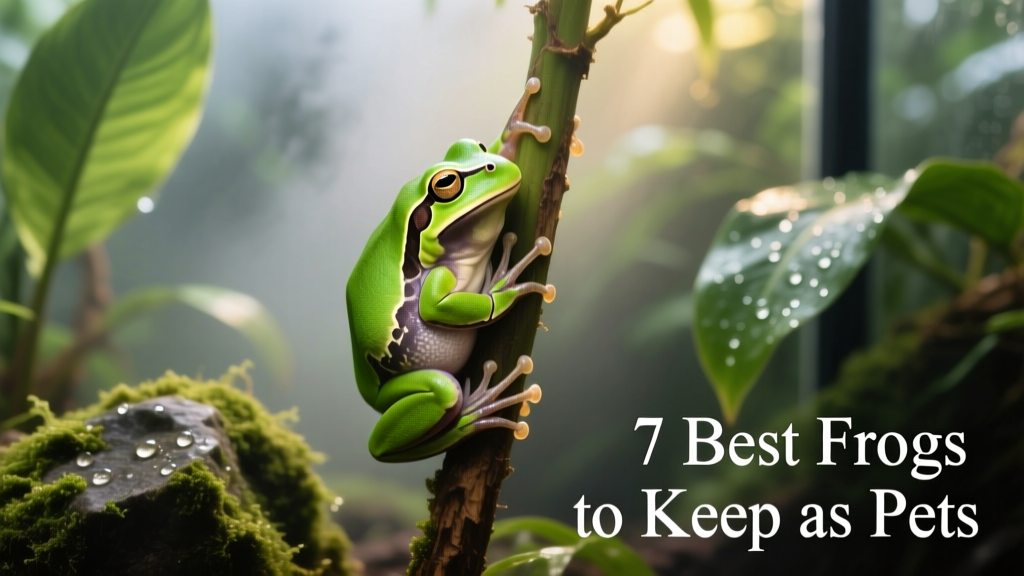 Bright green American green tree frog clinging to a vertical plant stem in a humid, misted terrarium