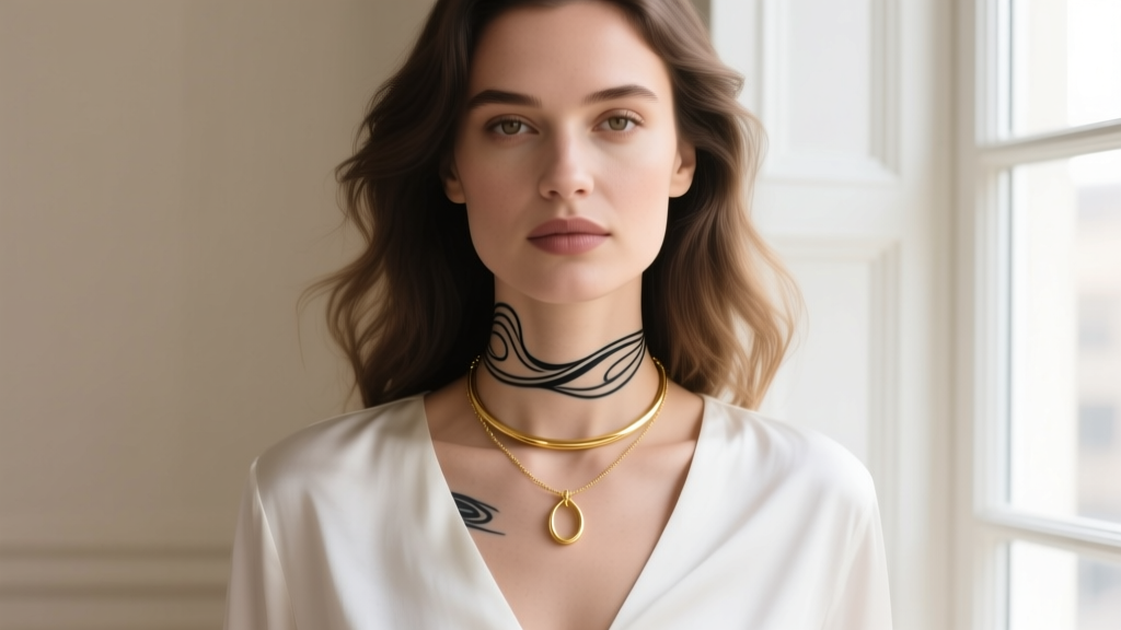 Woman wearing a gold pendant layered over a fine-line black ink choker tattoo on her neck, showing mixed media styling