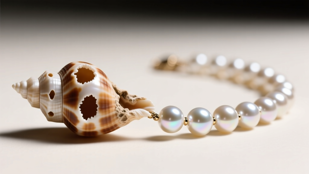 Macro shot of a genuine puka shell and freshwater pearl necklace strand, highlighting natural asymmetrical holes and bright pearl luster