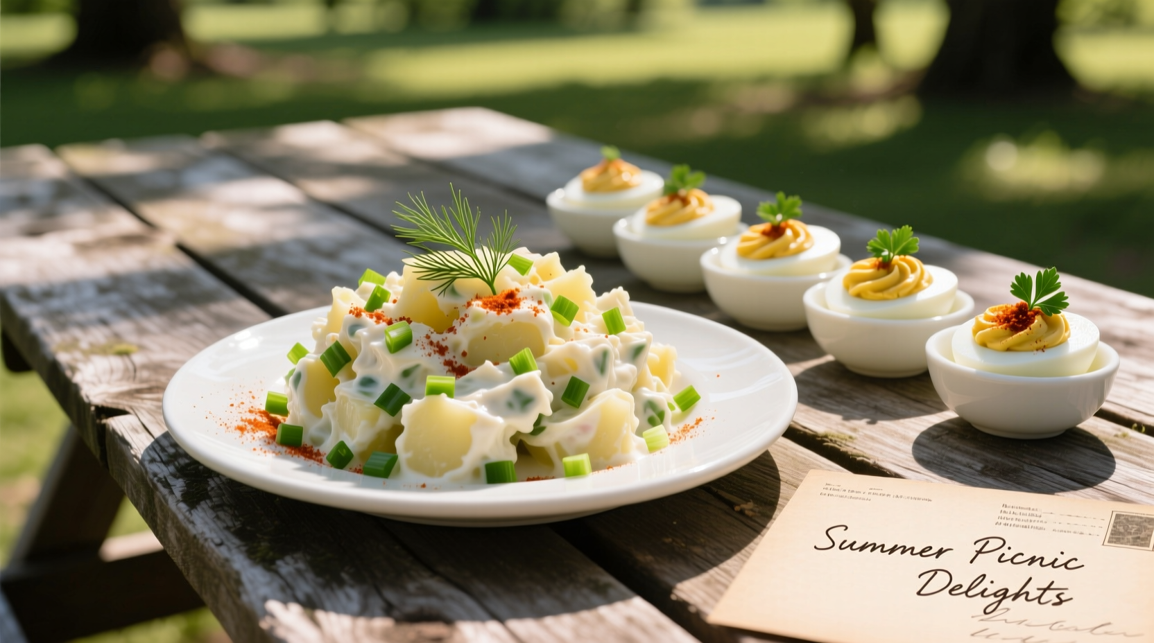 Perfectly plated potato salad and deviled eggs on picnic table
