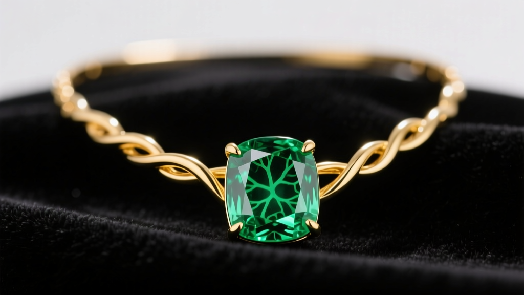 18k yellow gold emerald stone necklace on dark velvet, highlighting rich green jardin inclusions under soft studio lighting