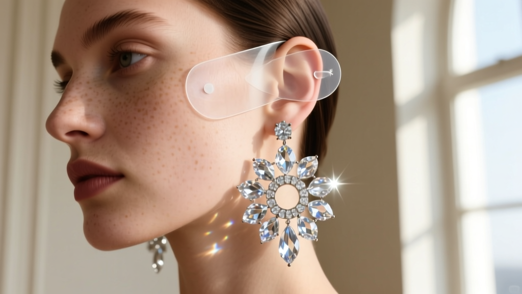 Close-up of transparent ear lobe support patches holding a heavy crystal pavé chandelier earring securely on a model's ear lobe.