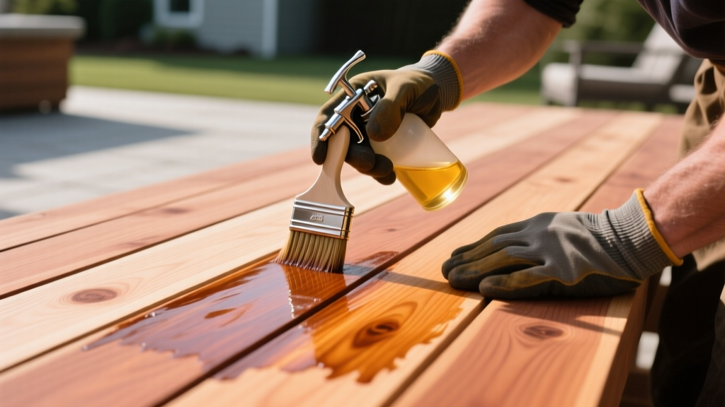 Applying semi-transparent penetrating oil stain to a western red cedar deck using a pump sprayer and back-brushing technique.