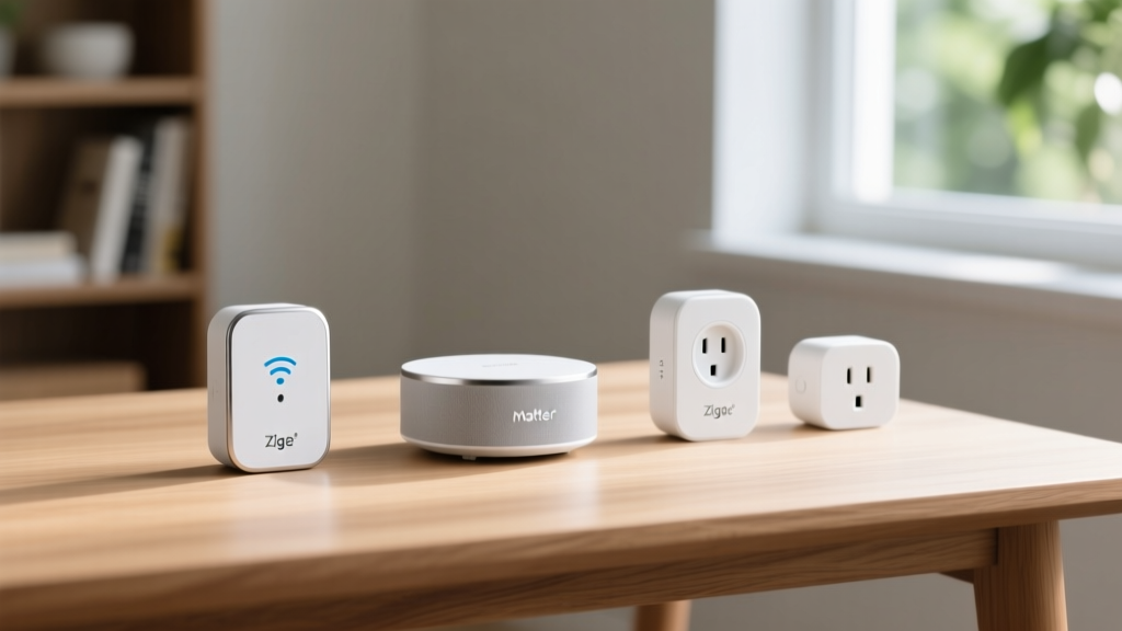 Budget smart home setup featuring a compact Matter hub, white Zigbee motion sensors, and smart plugs neatly arranged on a wooden desk.